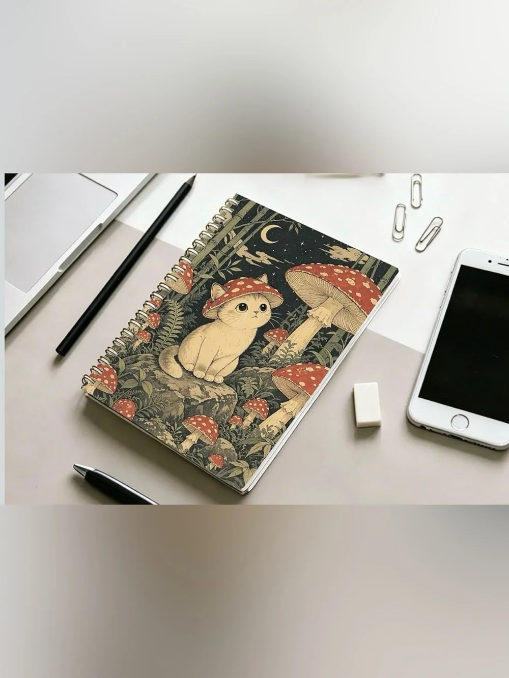 Whimsical Cat & Mushroom Spiral Journal, NWT